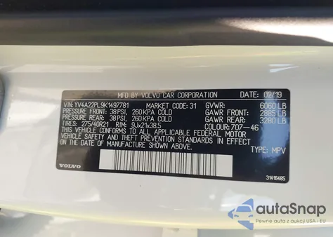 2019 Volvo Xc90 T6 Inscription z USA, uszkodzony, nr VIN YV4A22PL9K1497781